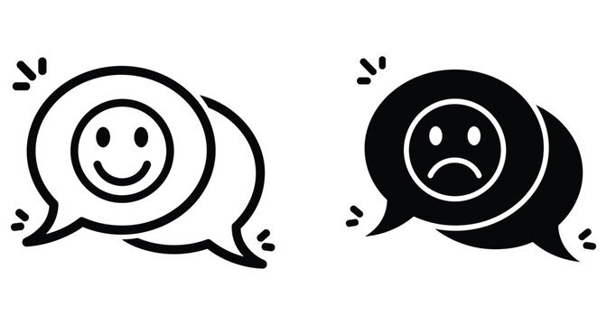 Speech bubble icons with happy and sad faces representing customer feedback satisfaction rating and user experience emotion communication symbols