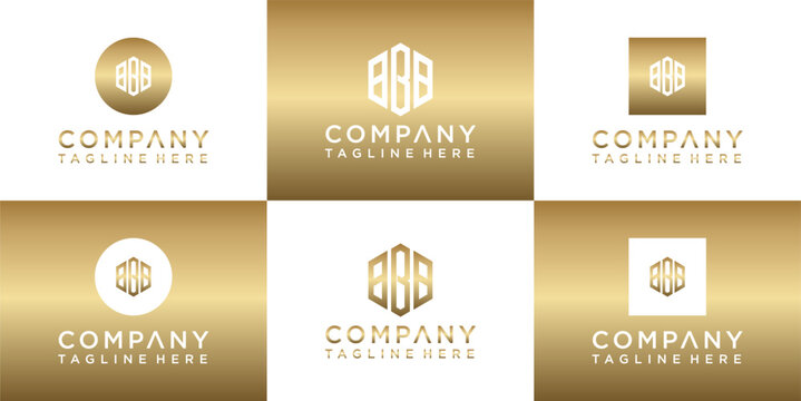 Golden BBB initials monogram logo design, multiple variations presented on isolated white and gold gradient backgrounds, elegant branding concept.