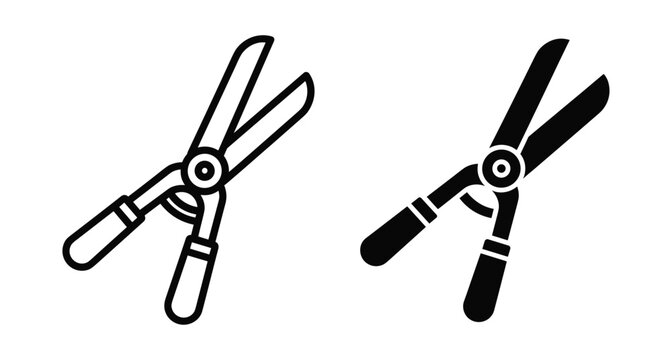 Garden shears icon set featuring outline and solid silhouette styles for landscaping pruning trimming and horticulture equipment maintenance tool design