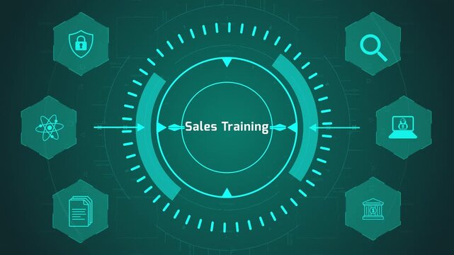 Sales Training Development Interface with Circular Digital System and Coaching Icons on Dark Technology Background Representing Skill Building and Performance