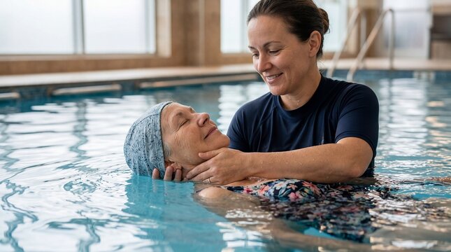 Therapist assisting patient in hydrotherapy pool water session