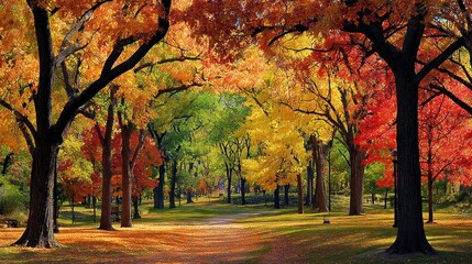 Fototapeta premium Vibrant autumn trees forming a colorful canopy along a pathway