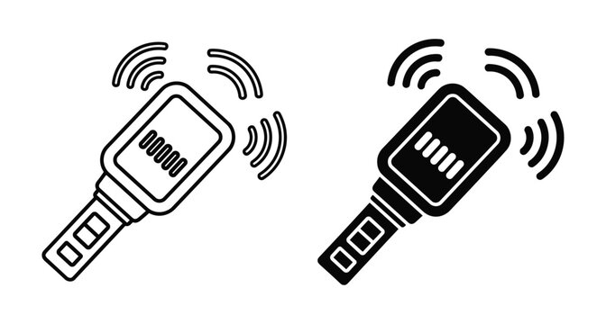 Handheld metal detector wand icon set for security screening airport safety inspection electronic scanner device with signal waves black outline