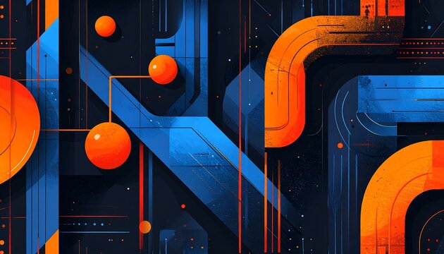 An abstract digital illustration featuring geometric shapes and gradients, in a dark space with bright orange orbs and tubes