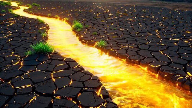 Lava river flowing through cracked earth perfect for social media campaigns and vlogs