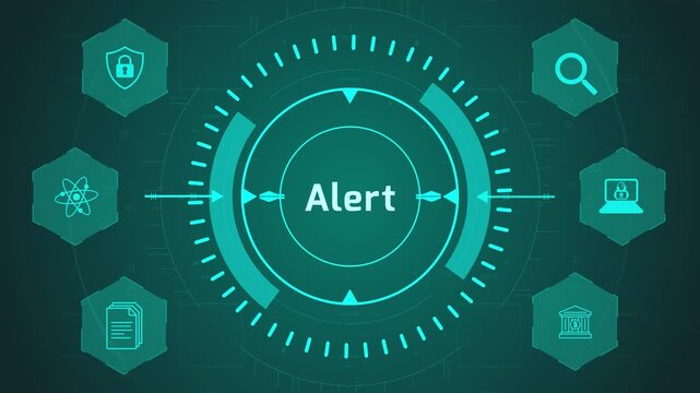Alert Warning Notification Interface with Circular Digital System and Security Icons on Dark Technology Background Representing Risk Monitoring and Response