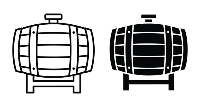 Wooden barrel icon set featuring line and silhouette styles for wine beer whiskey storage brewery distillery cellar and pub design