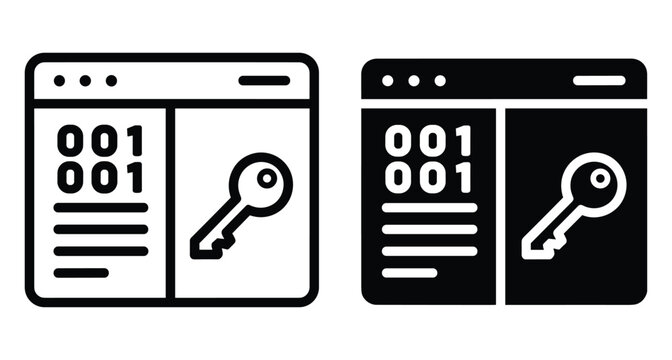 Web browser security icon set featuring binary code and key symbol for data encryption software development and digital privacy protection