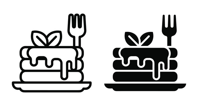 Pancake stack icon set with syrup dripping on plate with fork and mint leaves for breakfast menu design elements