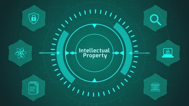 Intellectual Property Rights Interface with Circular Digital System and Legal Icons on Dark Technology Background Representing Ownership Protection and Licensing