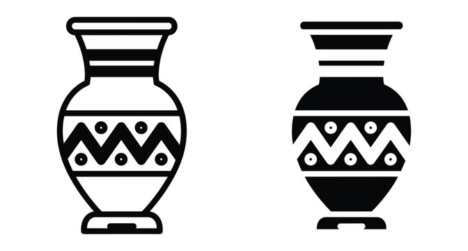 Ancient Greek vase icon set with geometric zigzag patterns and stripes in outline and solid black silhouette vector illustration style