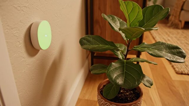 Smart home device with light indicator on a beige wall next to a potted fiddle leaf fig plant interior design