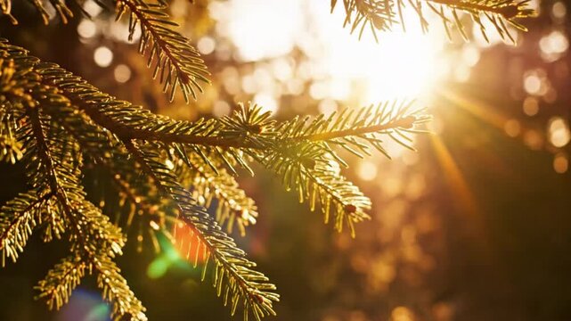Sunlight shining through the needles on a vibrant evergreen fir tree branch creating a warm and peaceful ambiance.