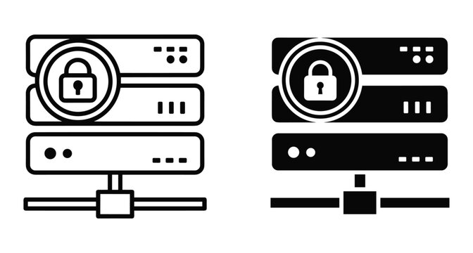 Secure server rack icon set with padlock symbol for data protection hosting database storage network safety information technology infrastructure