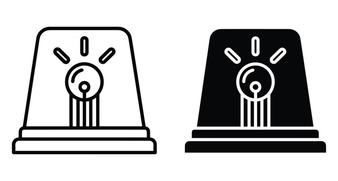 Emergency siren flasher icon set with outline and solid black styles for police ambulance fire truck warning signal light