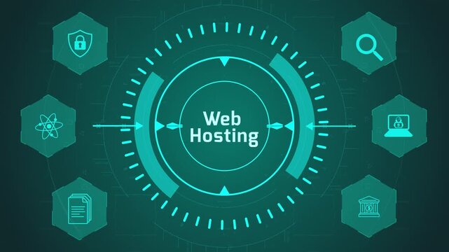 Web Hosting Server Interface with Circular Digital System and Network Icons on Dark Technology Background Representing Website Deployment and Storage