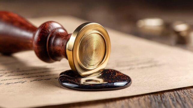 Wax Seal Stamp Pressed onto Document Surface for Authenticity and Tradition