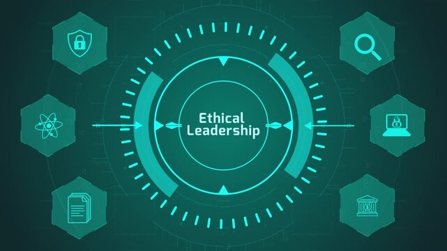 Ethical Leadership Concept Interface with Circular Digital System and Decision Icons on Dark Technology Background Representing Values and Responsible Management