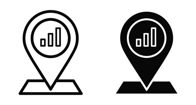 Map pin location icon with bar chart graph for business data analytics tracking regional performance statistics and geographic marketing insights