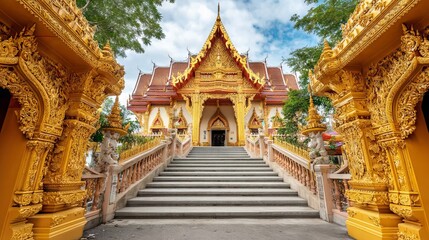 Fototapeta premium Ornate Golden Temple Entrance with Intricate Carvings and Guardian Statues