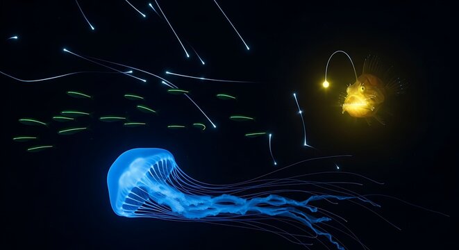 Bioluminescent deep-sea creatures, including an anglerfish and jellyfish, illuminate the dark abyss
