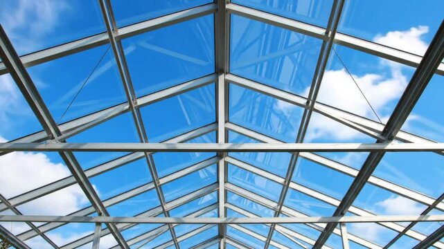 Glass roof of modern building with metal frame structure featuring blue sky and clouds in daytime