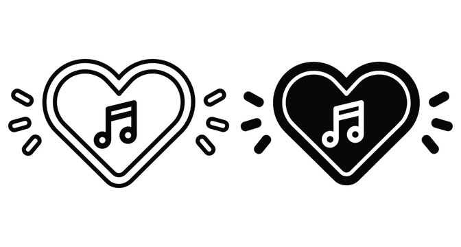 Heart music note icon set with outline and solid styles representing love for melody sound song and audio rhythm beats