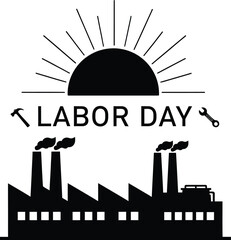 Naklejka premium Labor day illustration factories and sunrise symbolizing workers' achievements