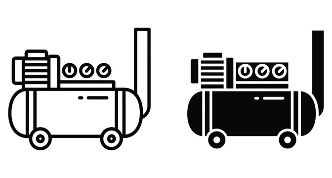Industrial air compressor machine icon set with pneumatic tank motor and wheels for construction workshop garage and professional power tools