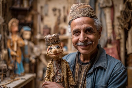 Middle Eastern male puppet maker smiling softly