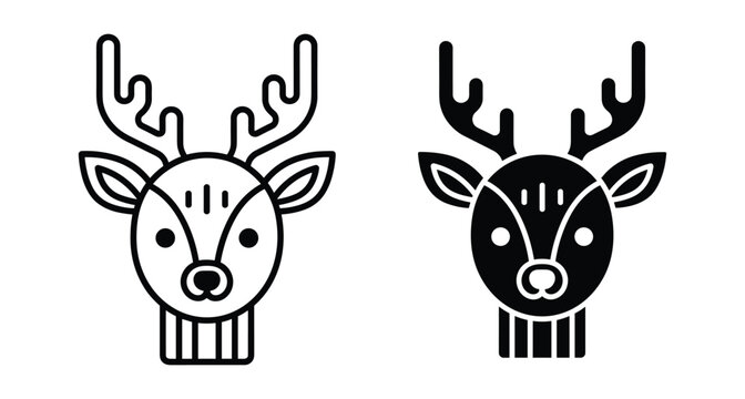 Deer head icon set with antlers featuring outline and solid glyph styles for winter holiday christmas nature and wildlife design