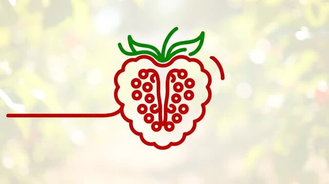 Creative animated illustration of a delicious raspberry fruit with leaves and stems against a blurred background