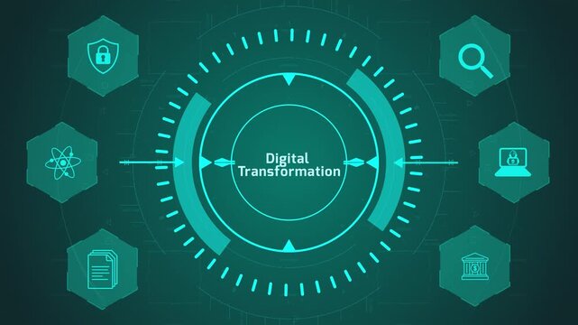 Digital Transformation Strategy Interface with Circular Digital System and Innovation Icons on Dark Technology Background Representing Business Modernization Flow