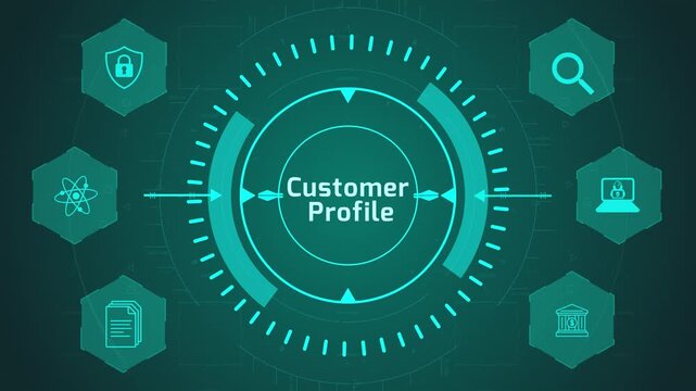 Customer Profile Data Interface with Circular Digital System and User Icons on Dark Technology Background Representing Personal Information and Management