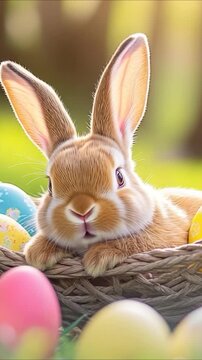 A rabbit sitting in a basket filled with eggs vertical frame
