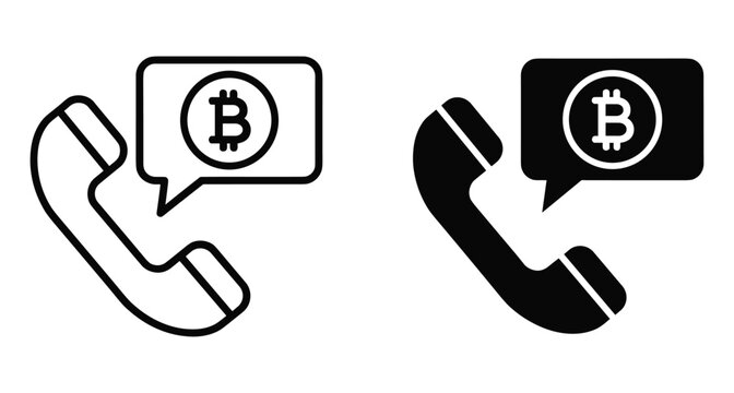 Bitcoin telephone call icon set with speech bubble and crypto currency symbol for digital finance communication and blockchain technology support services
