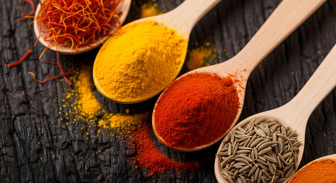 Vibrant assorted spices in wooden spoons on dark rustic wood | Close-up of saffron turmeric paprika and cumin seeds | High quality culinary ingredients | Aromatic Indian kitchen herbs and seasoning