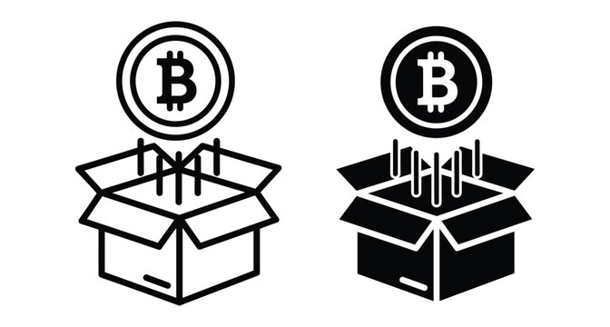 Bitcoin cryptocurrency coin coming out of an open cardboard box icon set in outline and solid black flat vector style