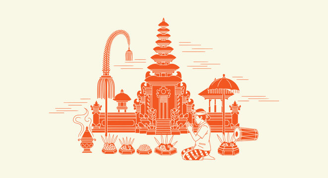 Traditional Balinese Hindu Prayer Illustration with Pura Temple, Canang Sari Offerings, and Worship