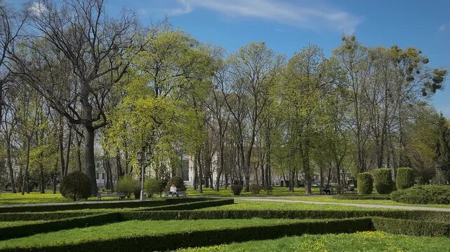 Korpusnyi Park (Korpusnyi Garden) in the center of Poltava city during spring. A scenic view of the central circular park in Poltava, Ukraine, featuring fresh spring greenery, blooming trees, and walk