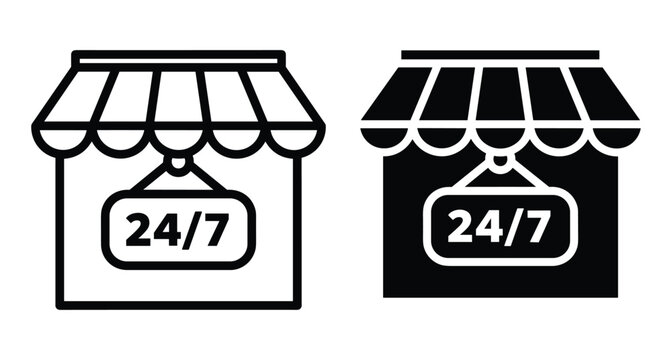 Storefront shop icon set with twenty four seven open sign hanging on door for retail business commerce and service availability