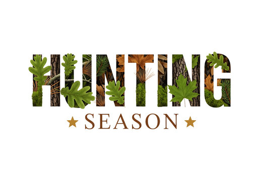 Hunting season concept with leaves and trees in text on transparent background
