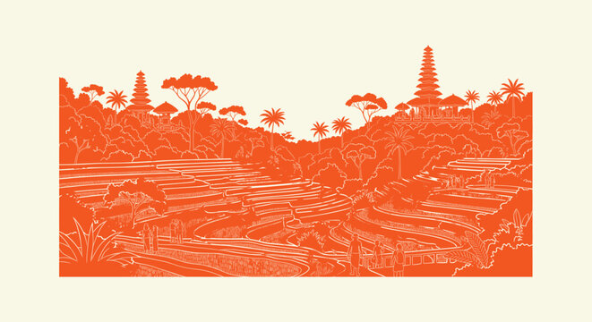 Tegalalang Rice Paddy Field and Balinese Temple Traditional Landscape Vector Illustration Art