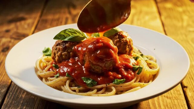 Delicious homemade spaghetti and meatballs dish being topped with flavorful tomato sauce in close up
