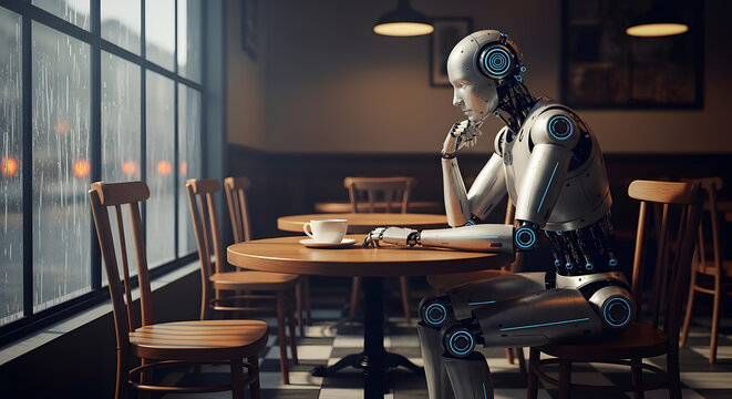 Humanoid robot sitting in a cafe by a rainy window | Artificial intelligence contemplating emotions | Pensive android in a moody coffee shop | Futuristic technology and solitude | Melancholy AI