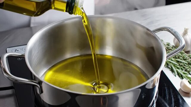 Chef pouring extra virgin olive oil into a stainless steel saucepan to prepare ingredients for cooking a recipe