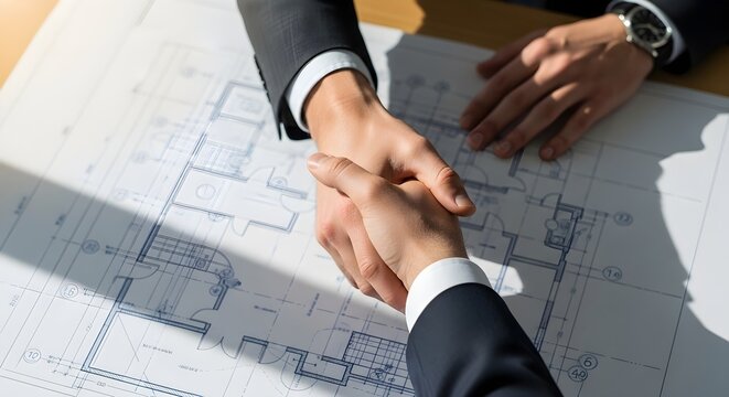 Professional business partners shaking hands over architectural blueprints, symbolizing successful agreement, collaboration, and property development deal.
