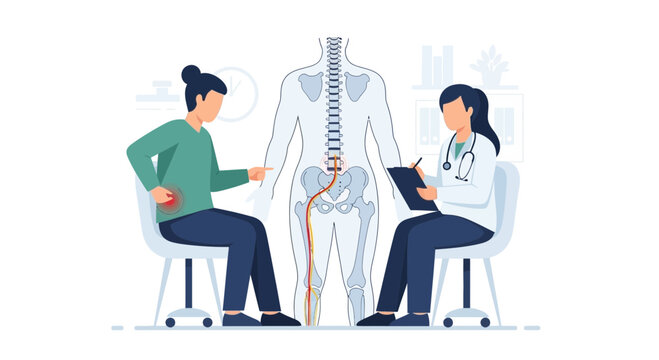 Doctor Consults Patient With Lower Back Pain and Sciatica Nerve Illustration