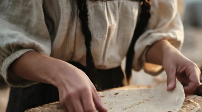 Making flatbread by hand in a traditional setting with focused hands and simple tools