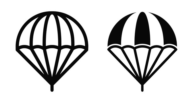 Parachute icon set featuring outline and solid black silhouettes for skydiving extreme sports aviation safety equipment and air transportation symbols